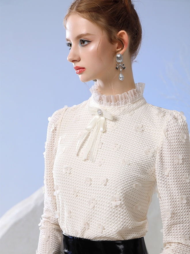 Stando-Collar Lace Frill Feminine Mesh Cutsew