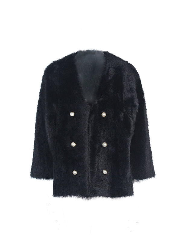 Pearl-Button Luxury Thick Simple Chic Fur-Jacket