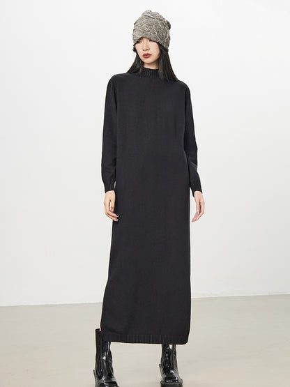 Simple High-Neck Plain Long Knit-One-Piece