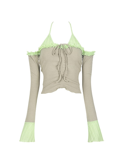 Halter-Neck Bi-Color Frill Sexy Ribbon Open-Shoulder Tops