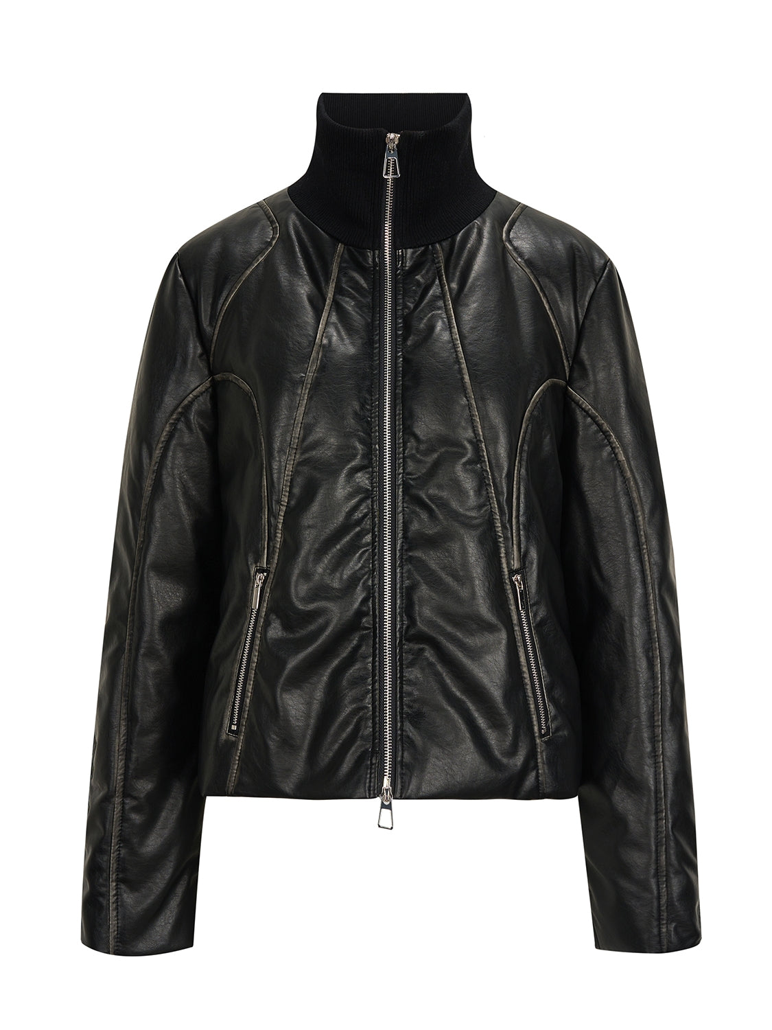 Stand-Collar Leather Cool Double-Zip Jacket