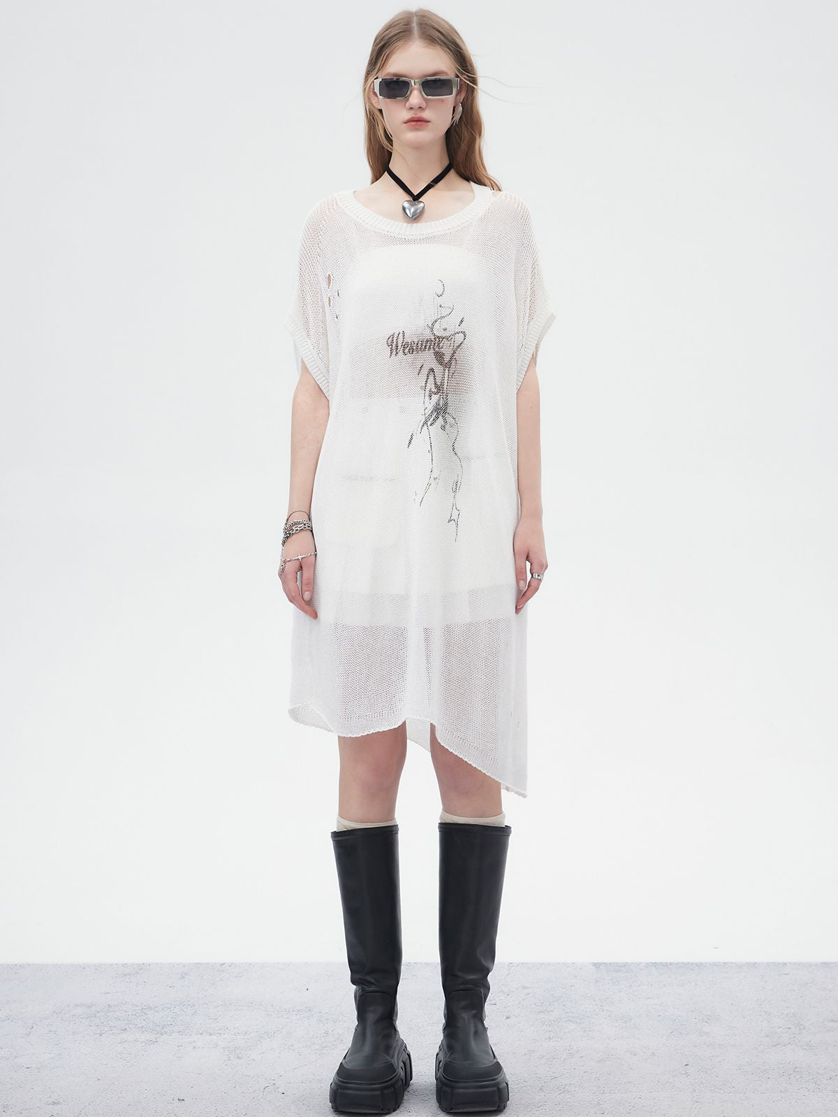 Sheer Asymmetry Mesh Damage Long-Tops