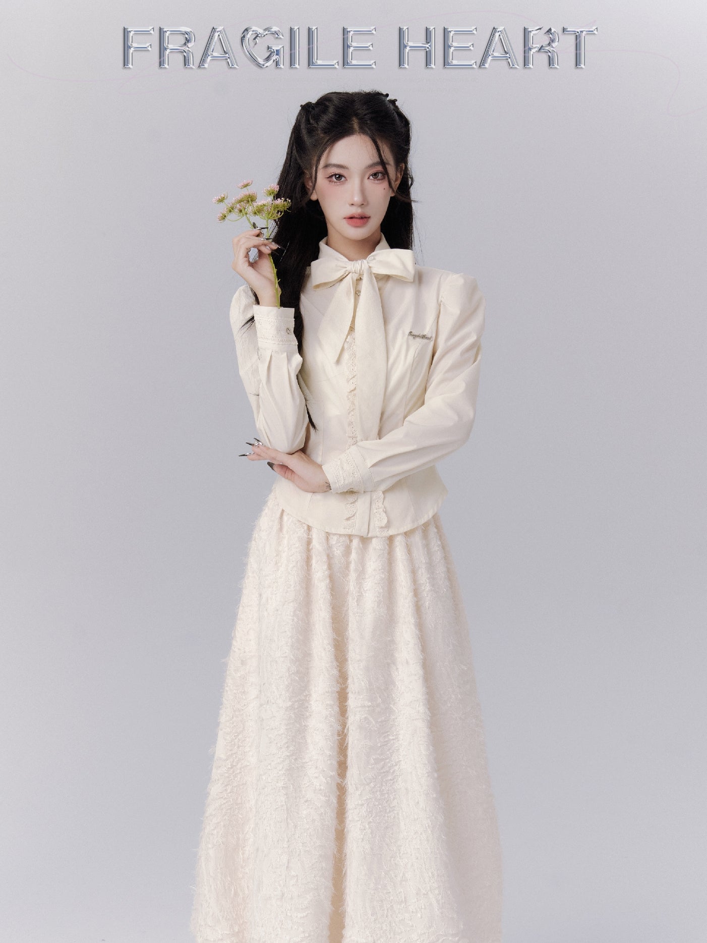 Embroidery Ribbon-Tie Wing Flare Set-Up Classy Blouse＆Long-Skirt