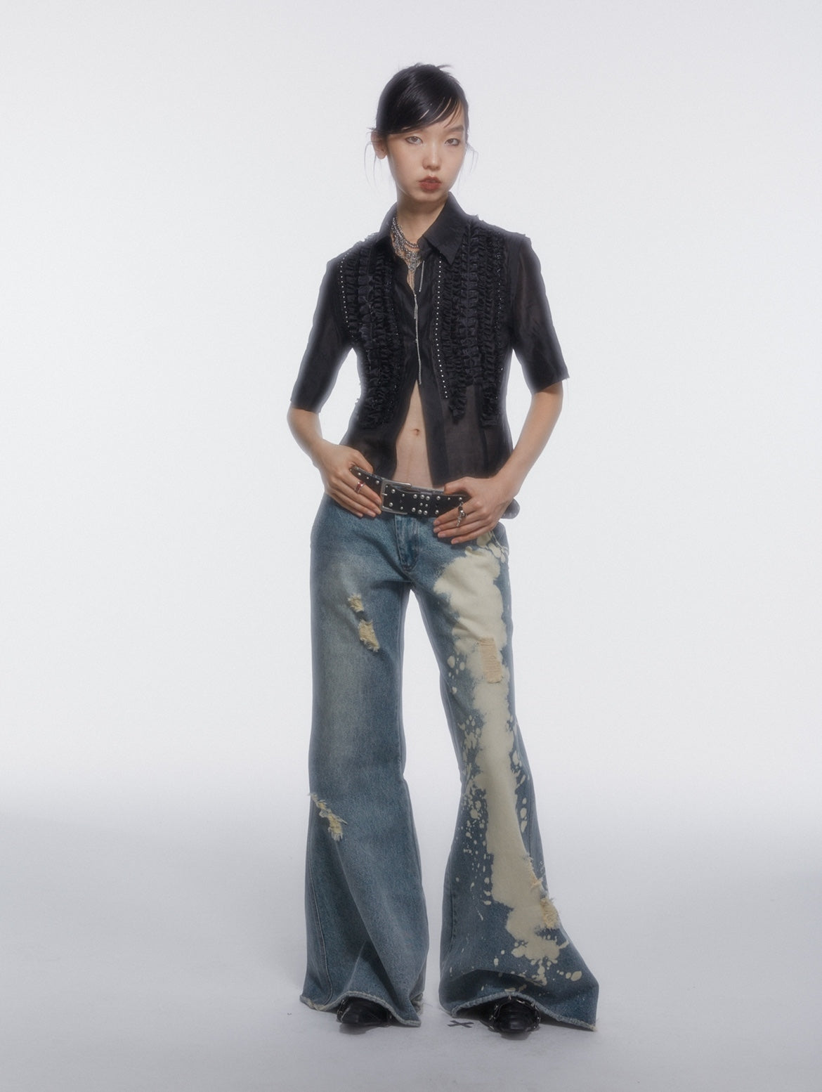 Damage Paint Denim Wide-Leg Flare-Pants