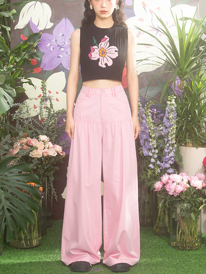 Casual Wide Embroidery Tulip Work-Pants