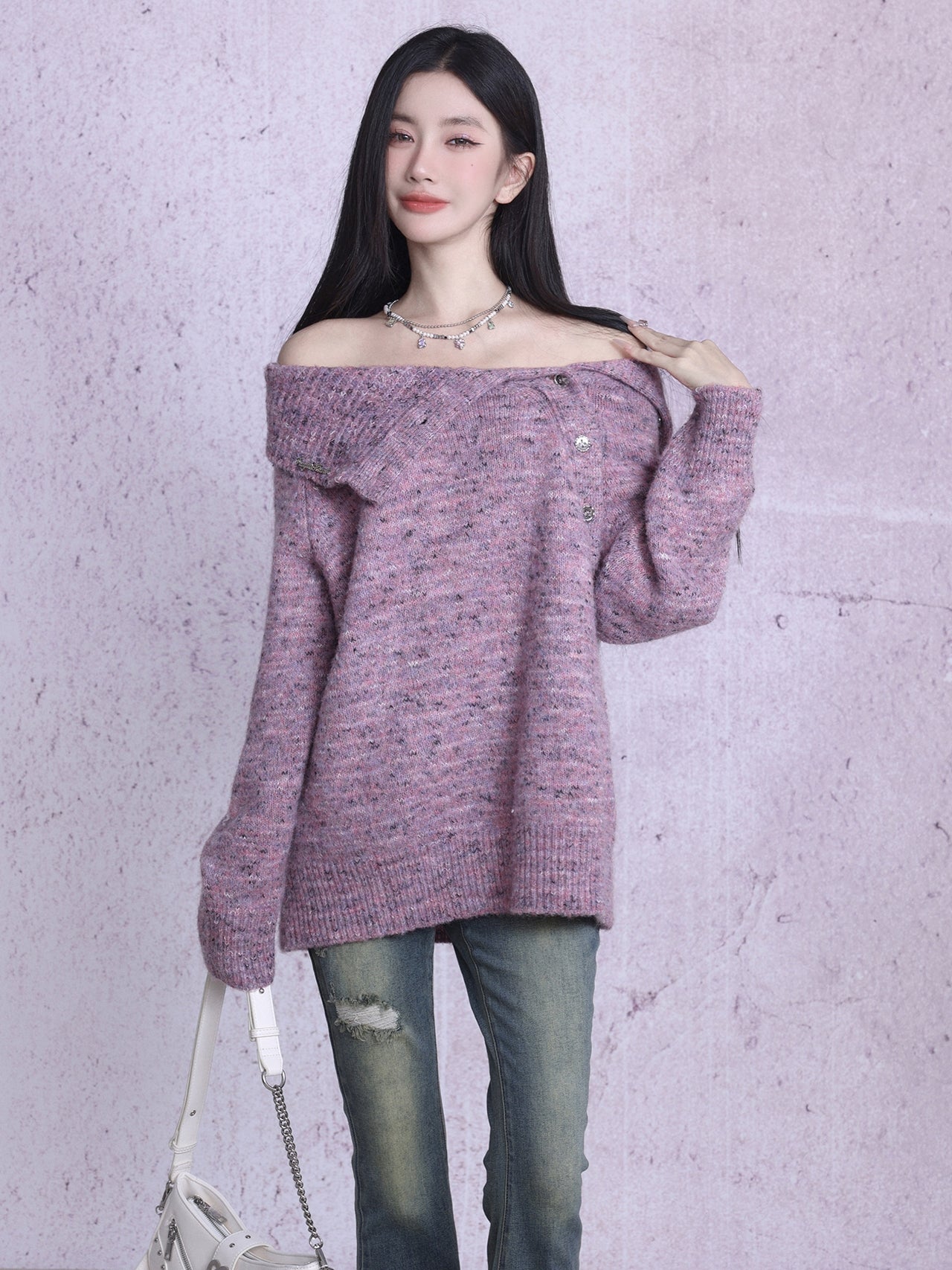 Asymmetry Wrap Open-Shoulder Oversize Knit