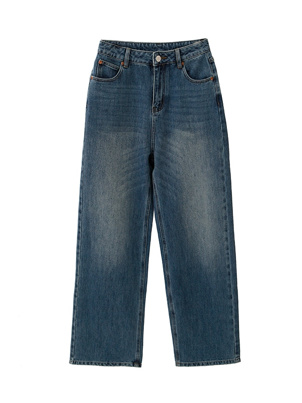 Denim Washed Casual Straight Plain Loose Pants