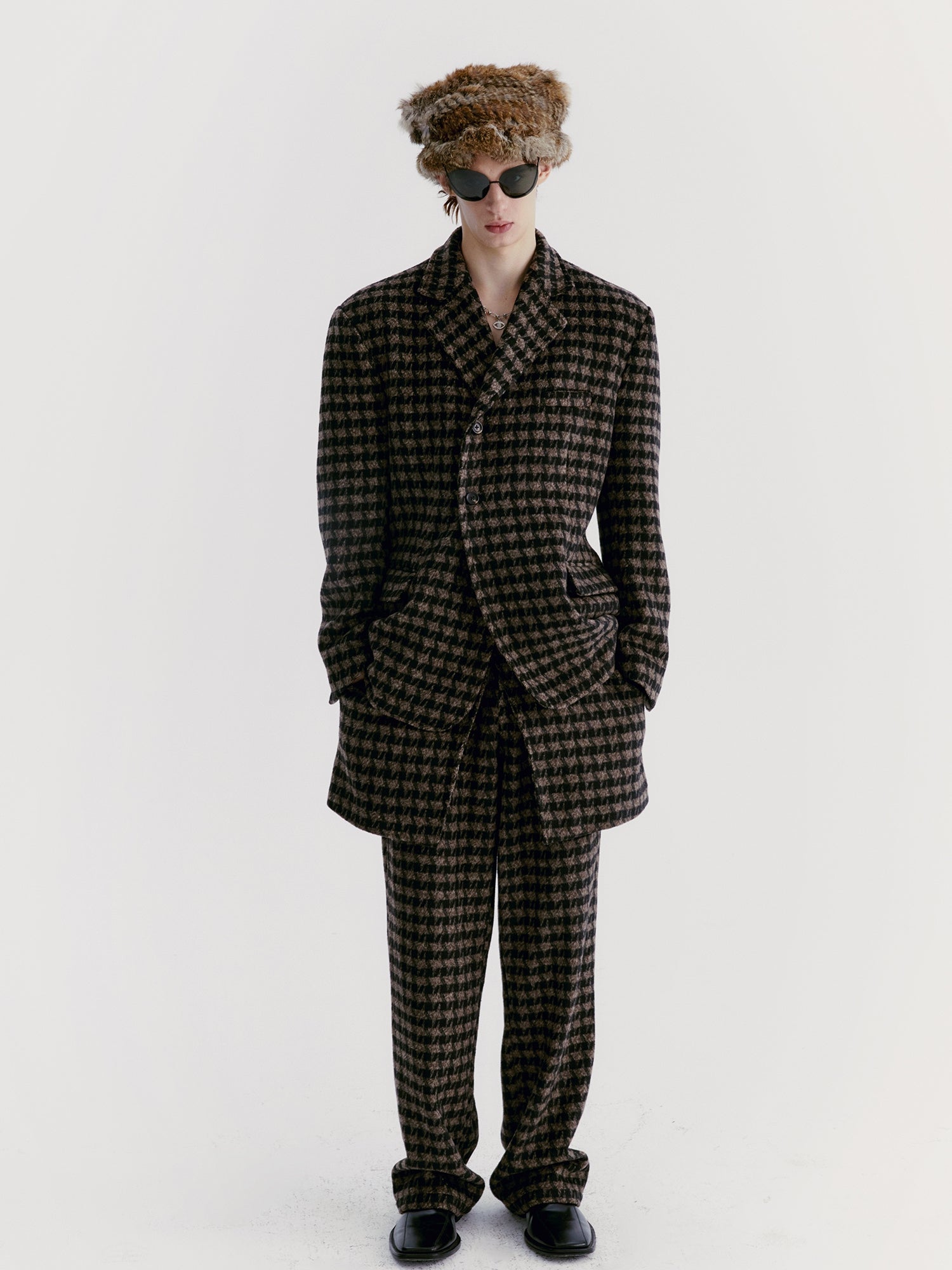 Unisex Jacket＆Pant Wool Checked Retro Set-Up