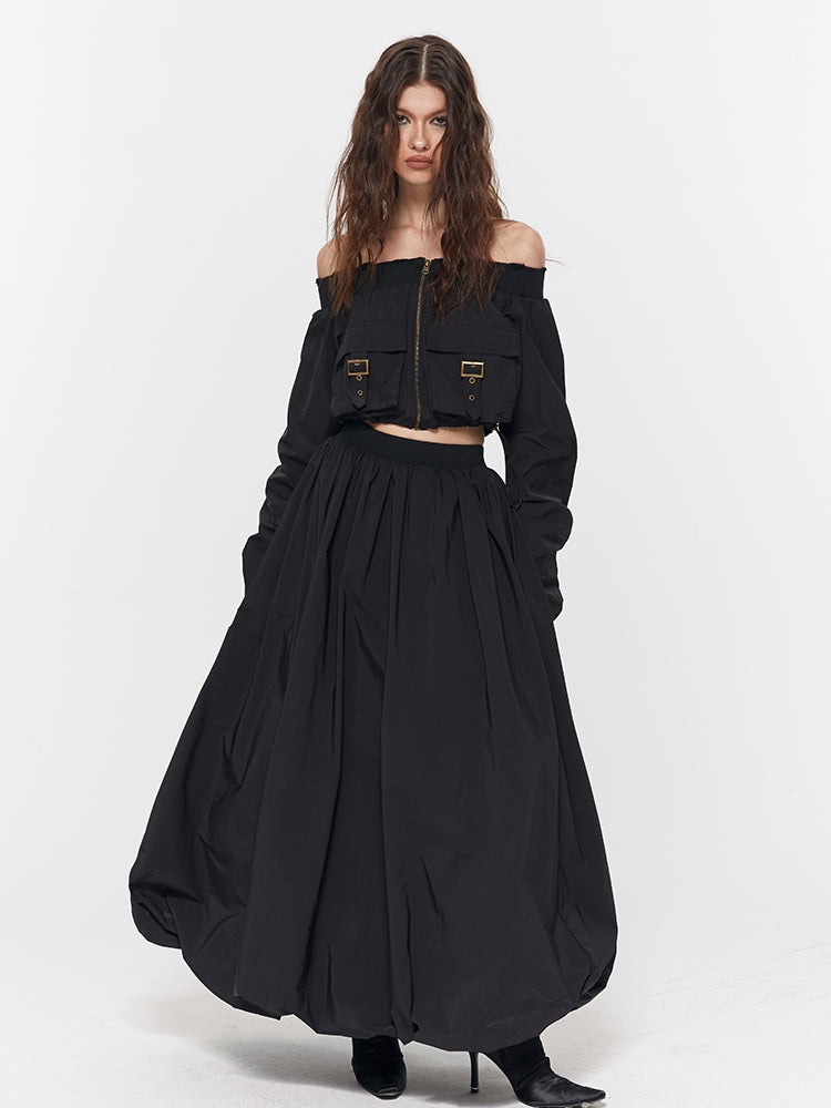 Off-Shoulder Damage Balloon Toops&amp;Long-Skirt