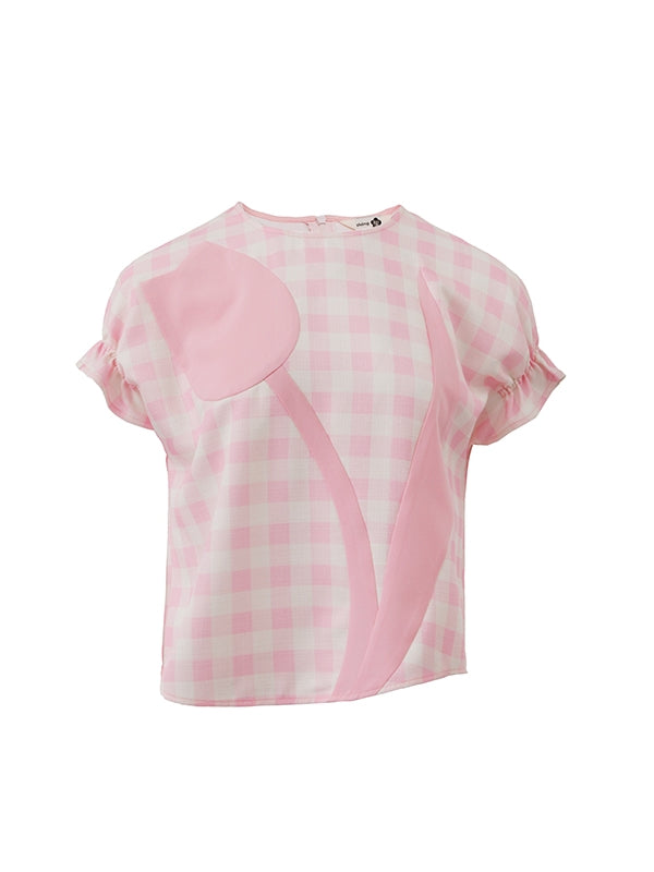 Checked Tulip Girly Candy-Sleeve Blouse &amp; Long-Skirt