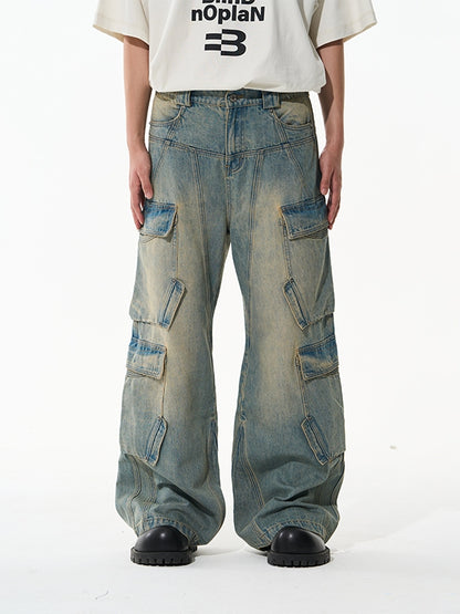 Verblasste Seitenpocket-Denimhose mit weitem Bein