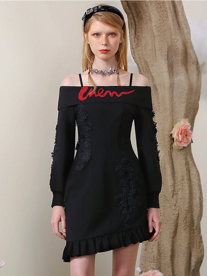 Off-Shoulder Slim Lace Embroidery Asymmetry Knit One-Piece