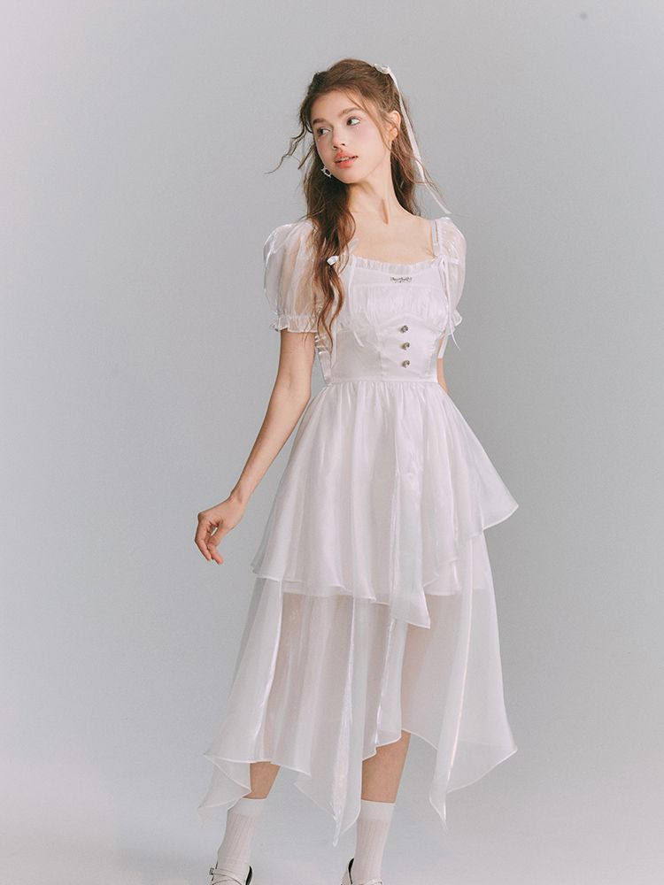 Sheer Puff-sleeve Tiered Asymemtry Long One-piece