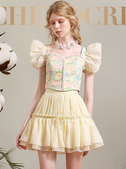 Blouse &amp; Mini-Skirt Flower Frill Tiered Retro Set-up