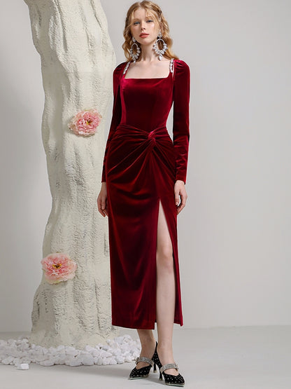 Velvet Formal Slit Ling Drape Elegant One-Piece