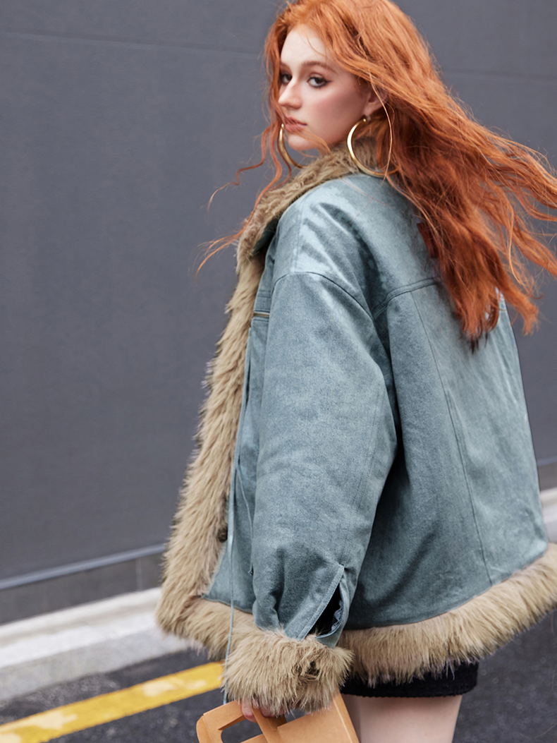 Fur Denim übergroße High-End-Casualjacke übergroß