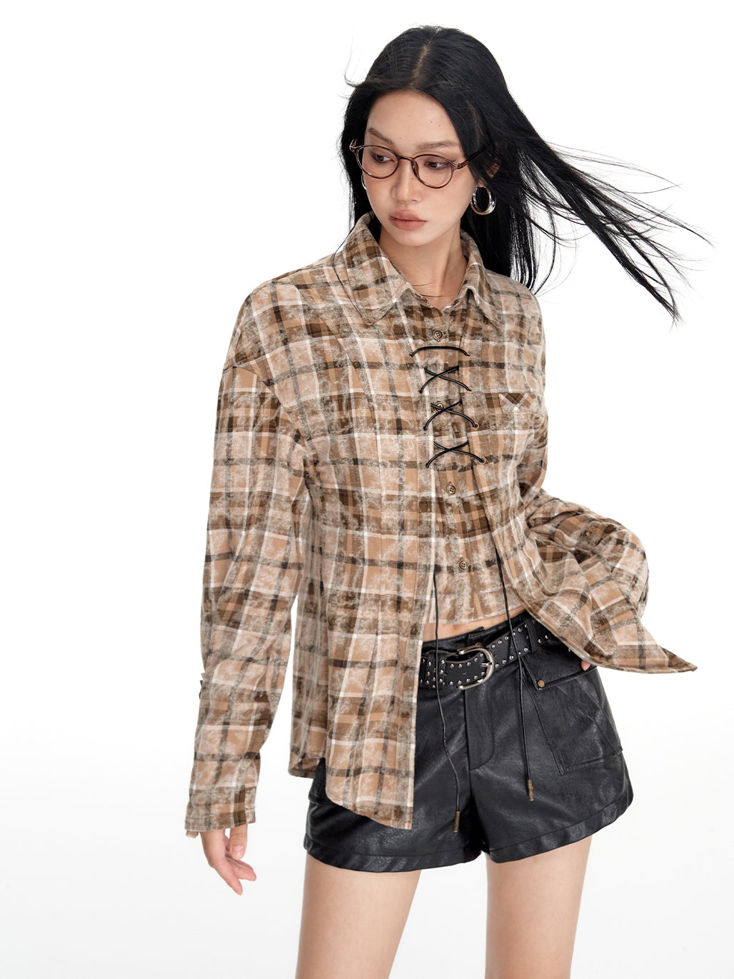 Checked Nichi Lace-Up Oversize Retro Shirt