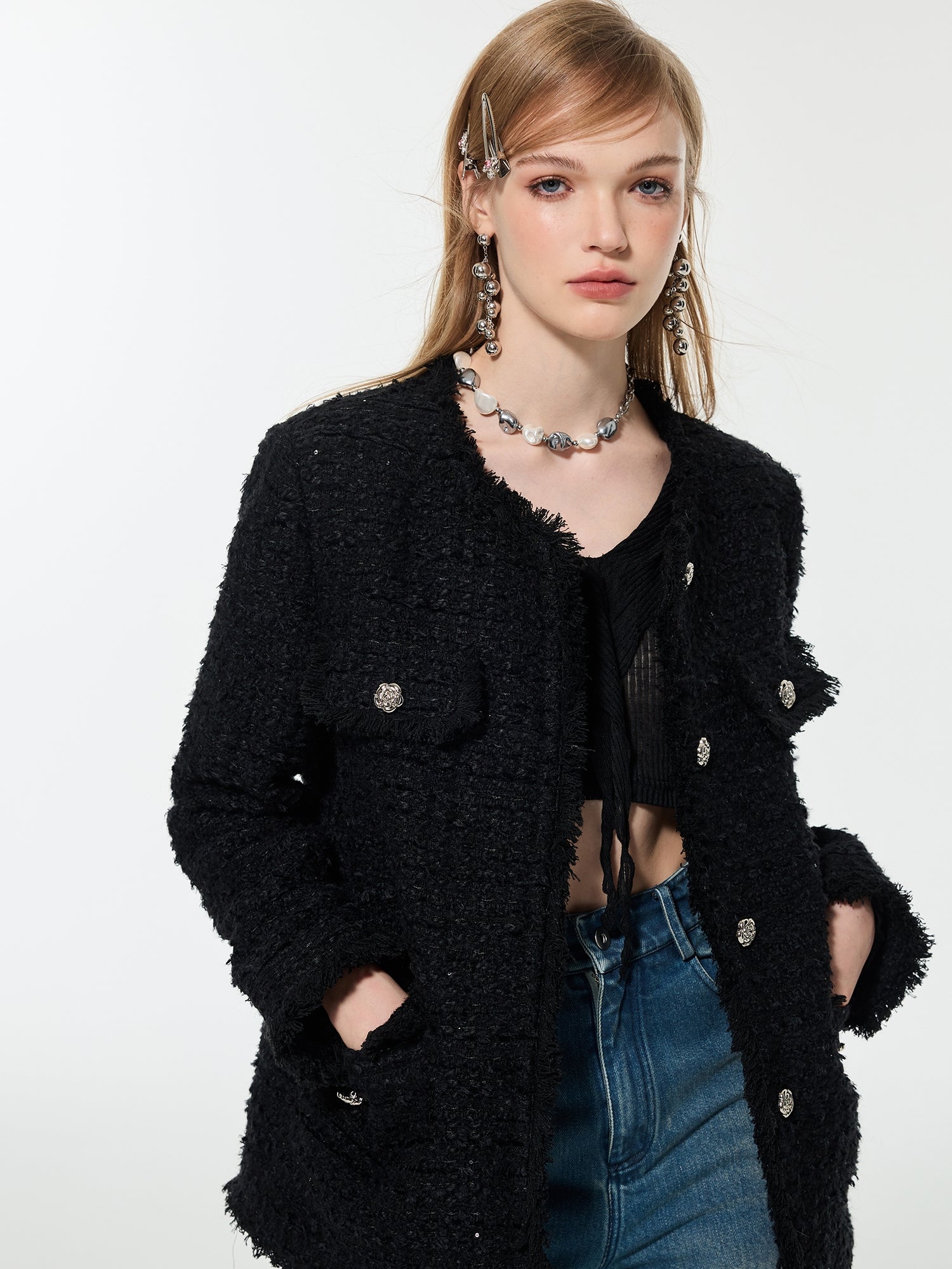 Knit Bijou Flower-Button Fur Fluffily Cardigan – ARCANA ARCHIVE