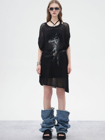 Sheer Asymmetry Mesh Damage Long-Tops