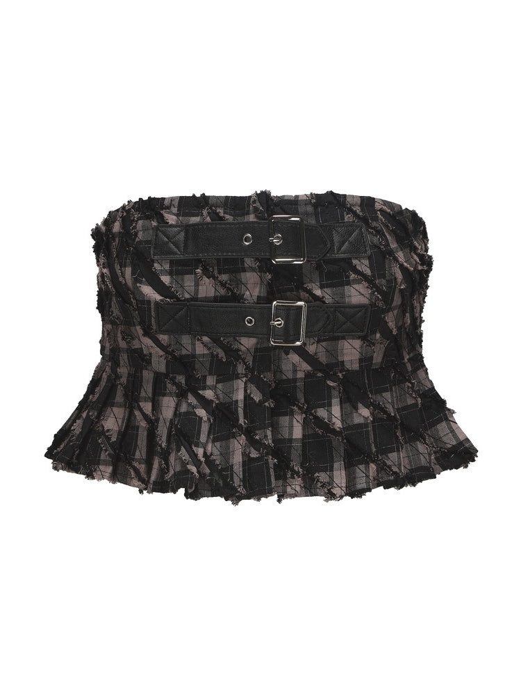 Checked Girly Frill Retro Belt Tube-Top