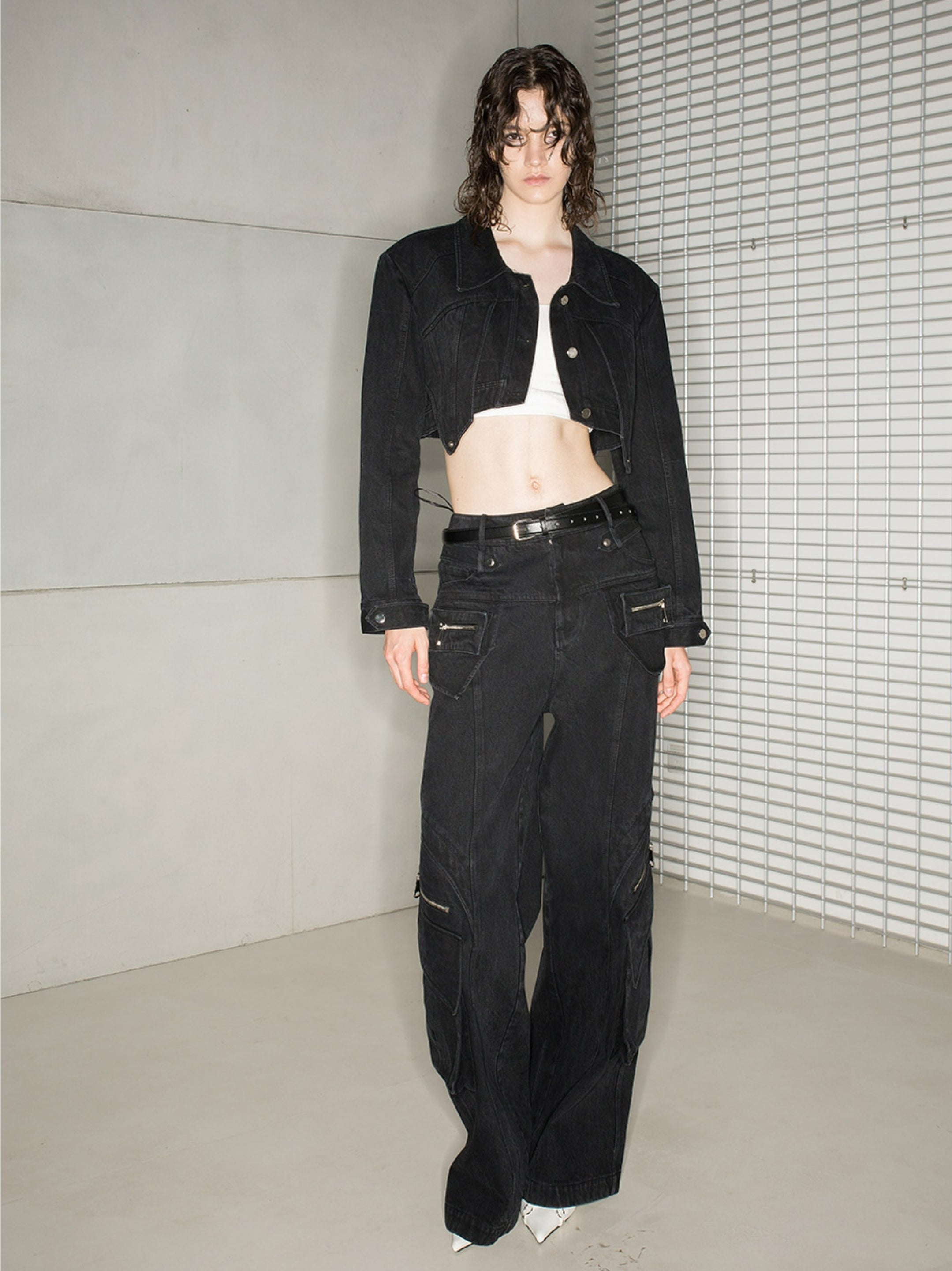 캐주얼 한 느슨한 Zip-Pocket Wide-Pants Denim-Pants