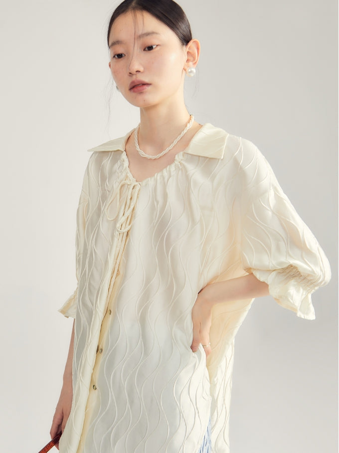 Embroidery Oversize Candy-Sleeve Wave Blouse