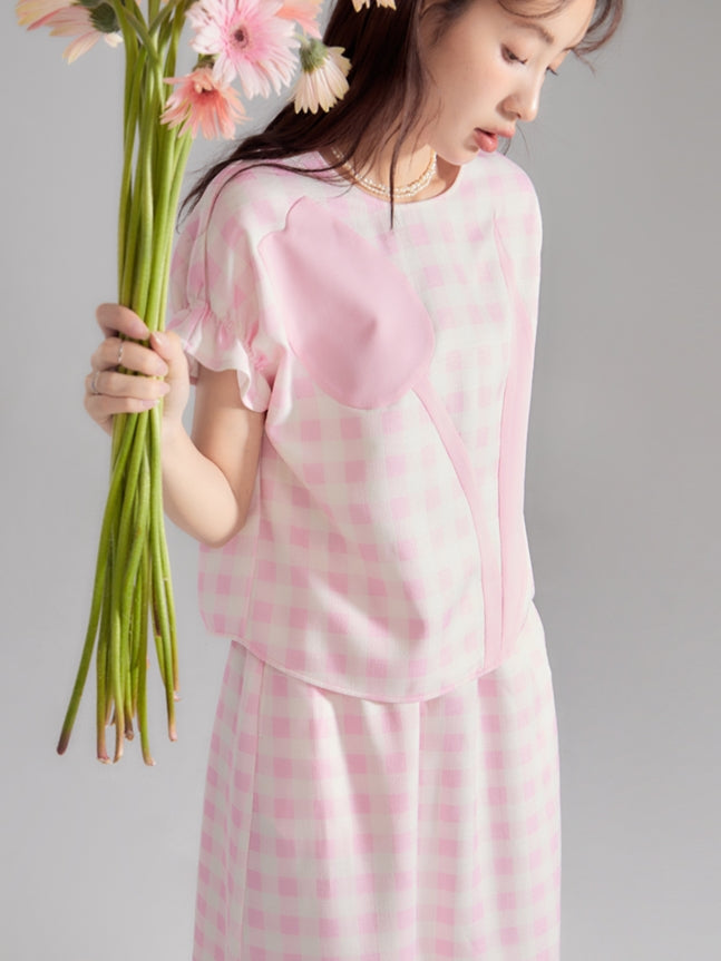 Checked Tulip Girly Candy-Sleeve Blouse &amp; Long-Skirt