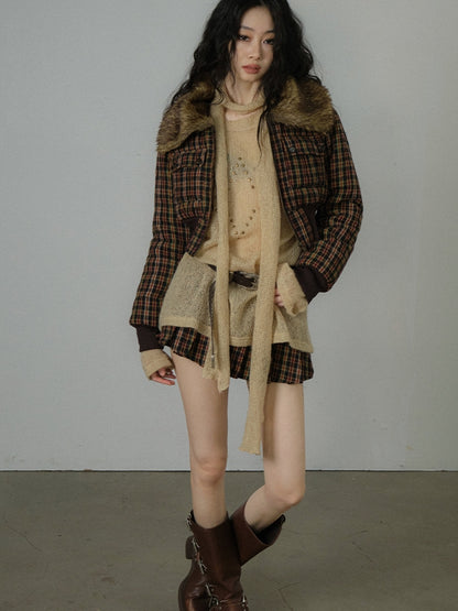 Fur Checked Letaher Short Retro Jacket