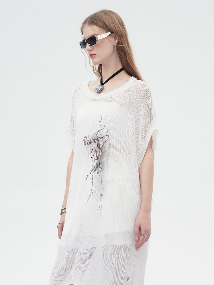 Sheer Asymmetry Mesh Damage Long-Tops