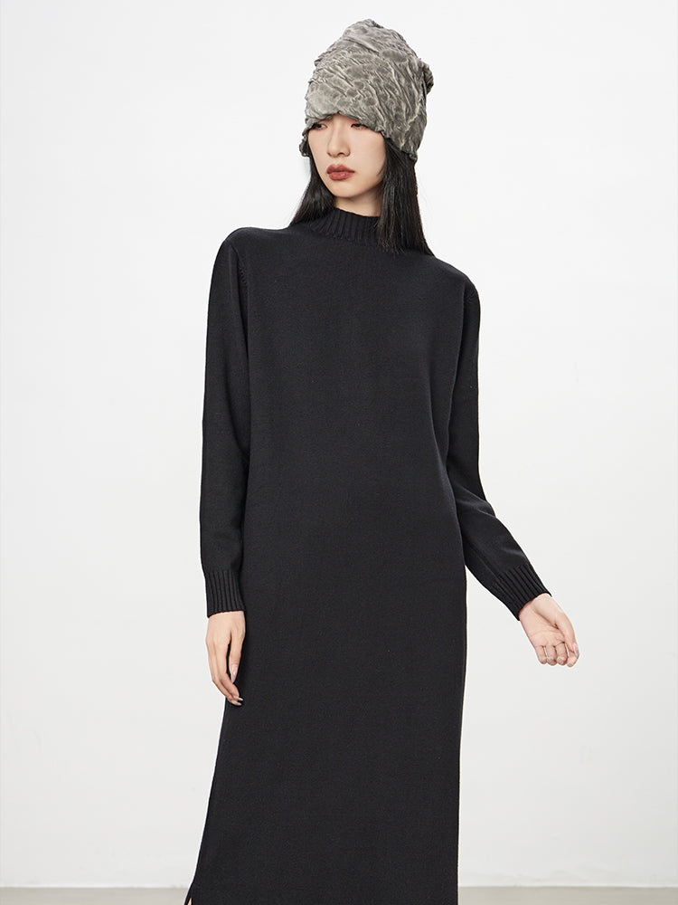 Simple High-Neck Plain Long Knit-One-Piece