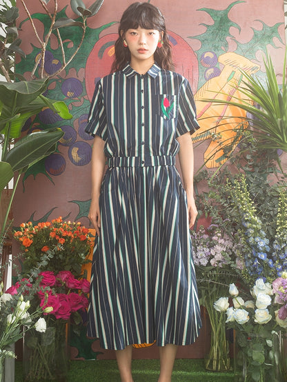 스트라이프 캐주얼 Smmer Tulip Shirt &amp; Long-Skirt