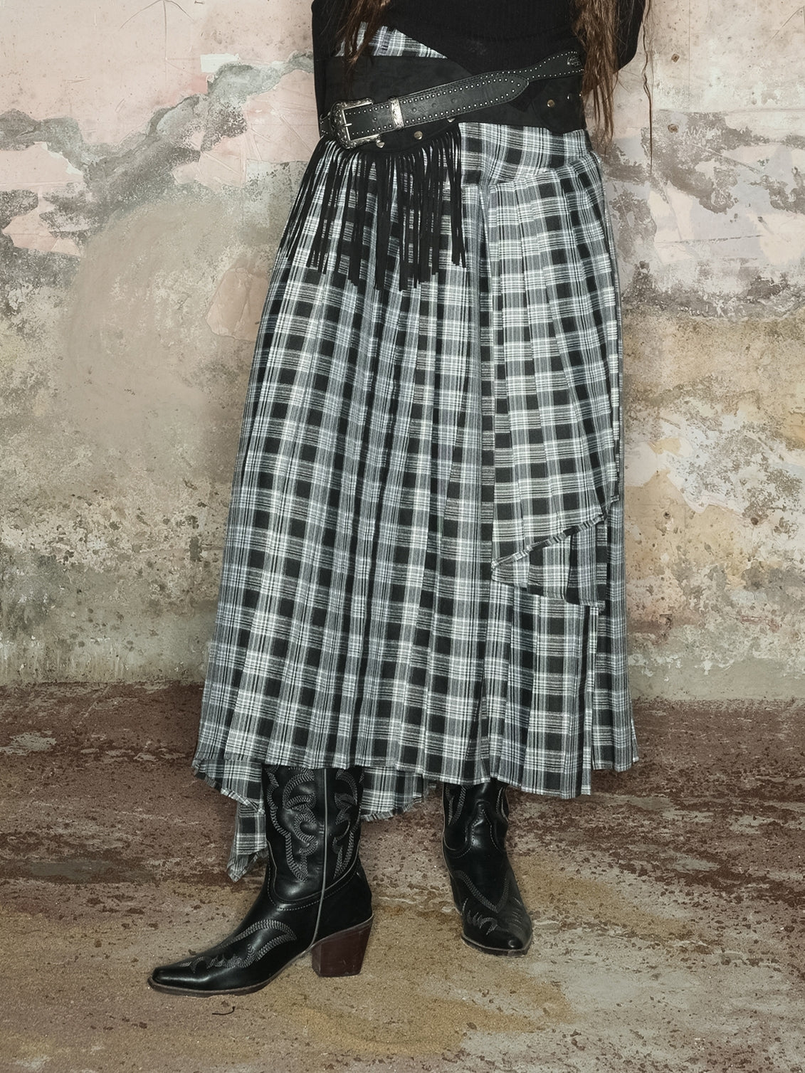 Tiered Asymmetry Checked Girly Nichi Long-Skirt