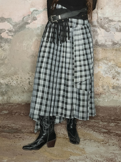 Tiered Asymmetry Checked Girly Nichi Long-Skirt