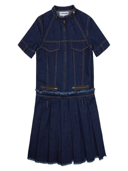 Denim Pleats Casual Retro Girly Cutt-off One-piece