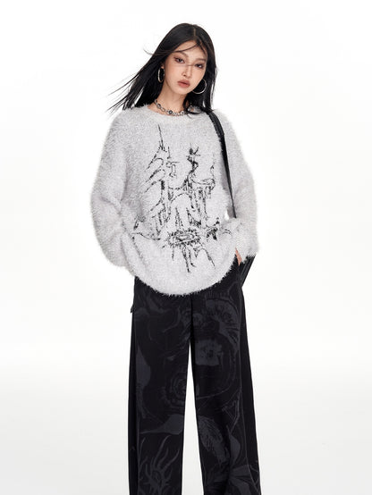 Modern Crew-Neck Long Fluffily Mohair-Knit