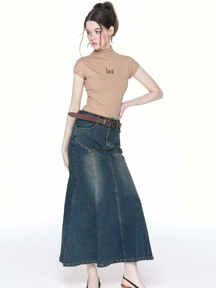 Denim sirène rivet long-jupe