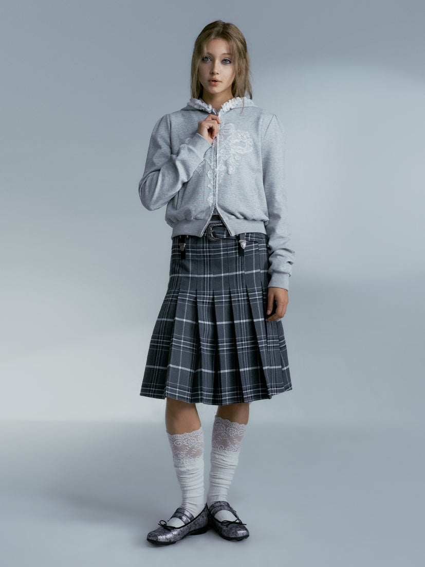 Checked Box-Pleats Girly Middle Skirt