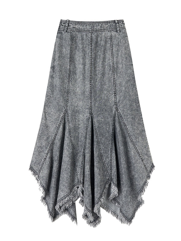 Denim Tassel Casual Ruffle Tops＆Skirt