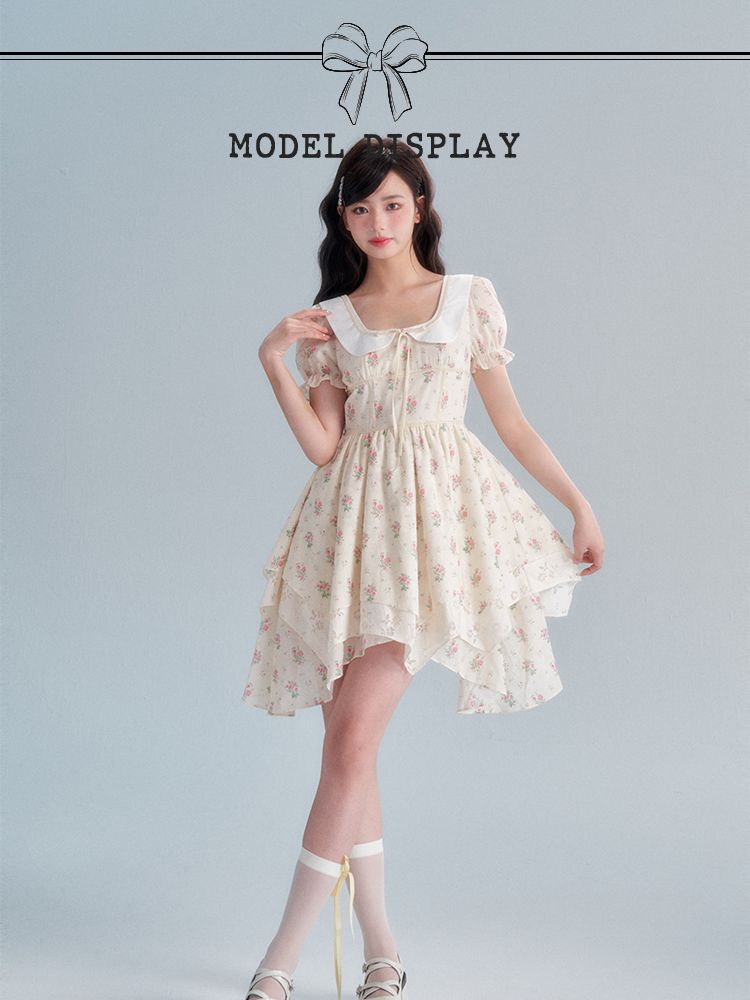 Flower Puff-Sleeve asymemtry Retro One-Piece