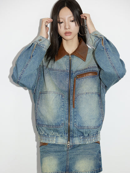 Veste à double zip fanée en denim et en cuir