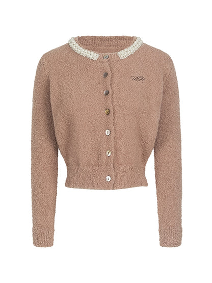 Peart Crew-Neck Short Feminine Fluffily Knit Cardigan