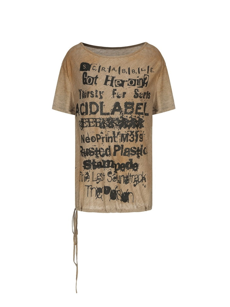 Drawstring Letter Washed Dirty T-Shirt