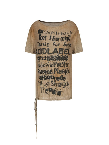 Drawstring Letter Washed Dirty T-Shirt