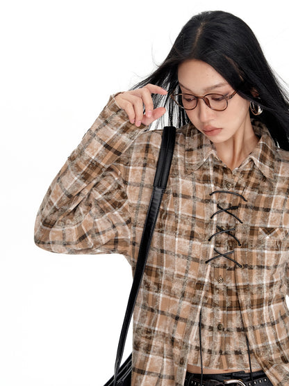 Checked Nichi Lace-Up Oversize Retro Shirt