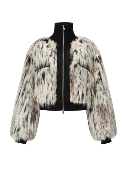 High-Neck Knit Zip Short-Length Balloon-Sleeve Fur-Jacket