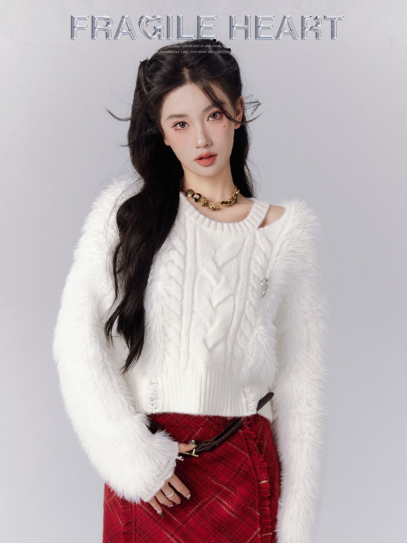 Open-Shoulder Fluffily Classy Short Mohair-Knit Cable-Knit