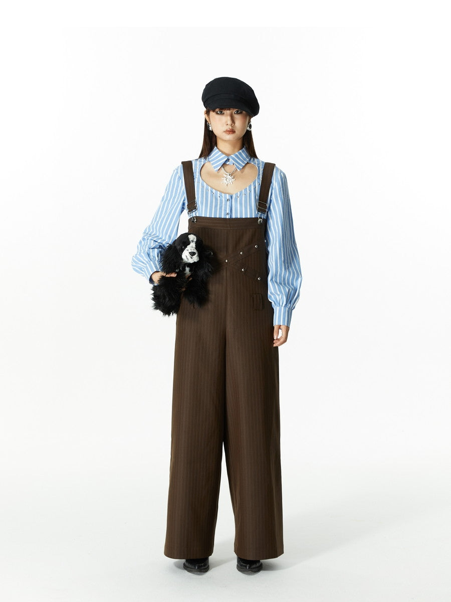 Wide-Pants Loose Casual Stripe Overall