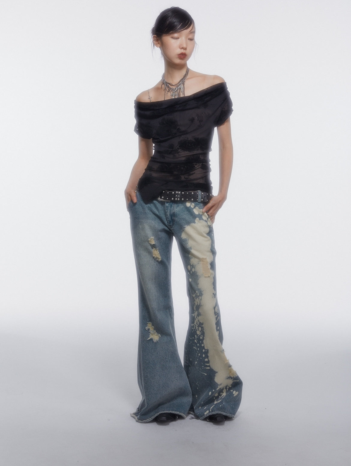 Damage Paint Denim Wide-Leg Flare-Pants