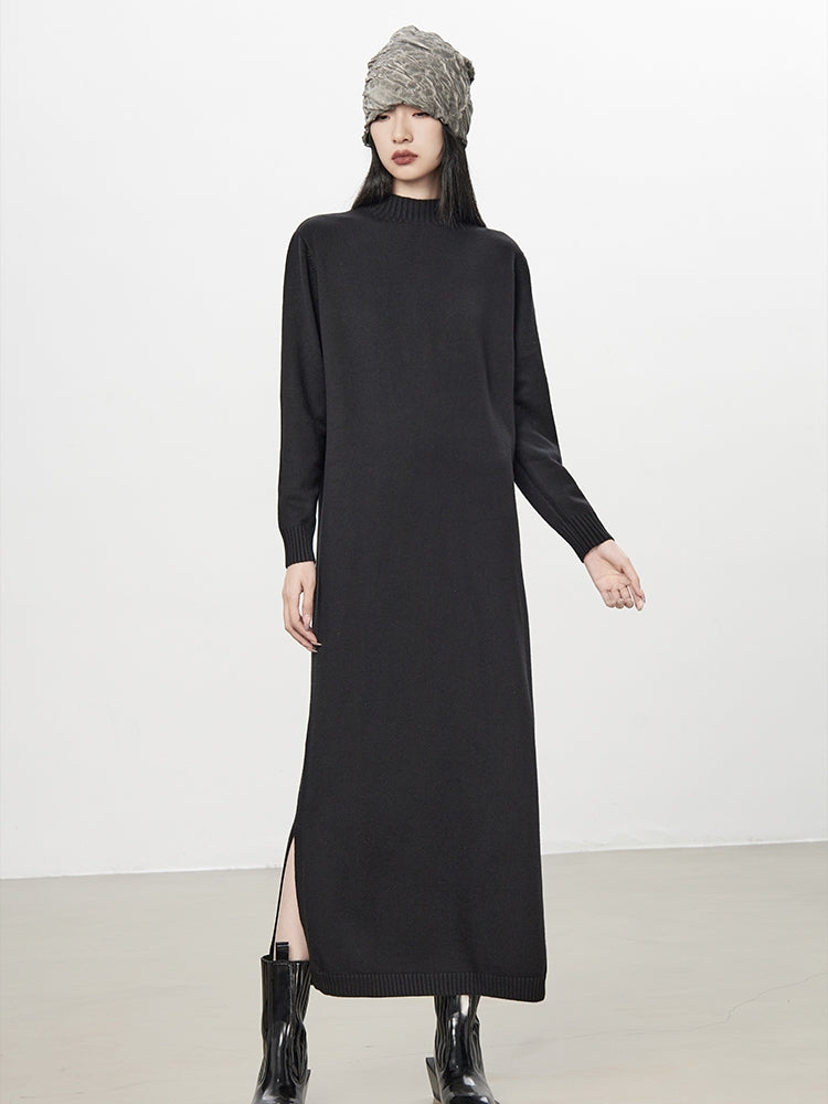 Simple High-Neck Plain Long Knit-One-Piece