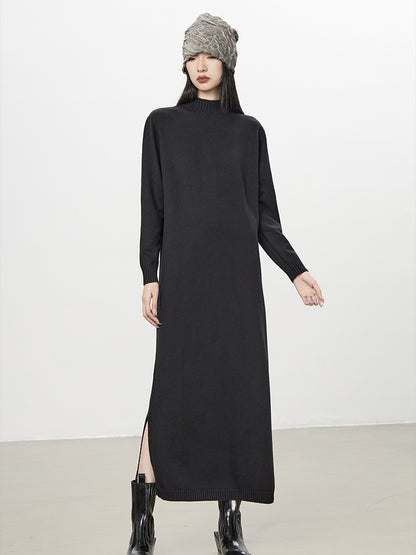 Simple High-Neck Plain Long Knit-One-Piece